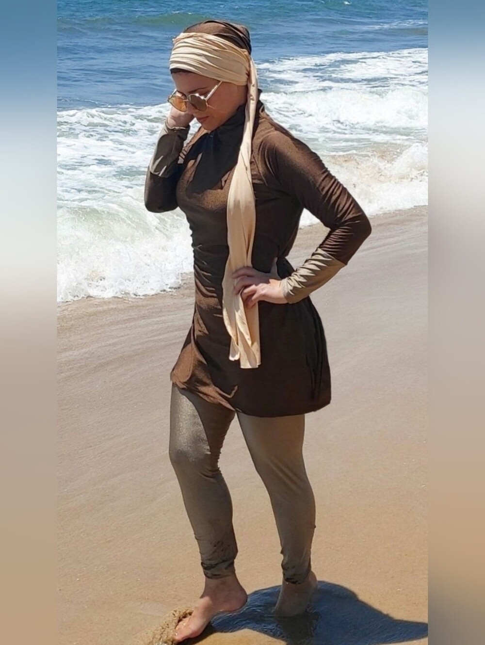 Modest Swim Tunic Set with Leggings and Hijab - Brown & Cream 2XL